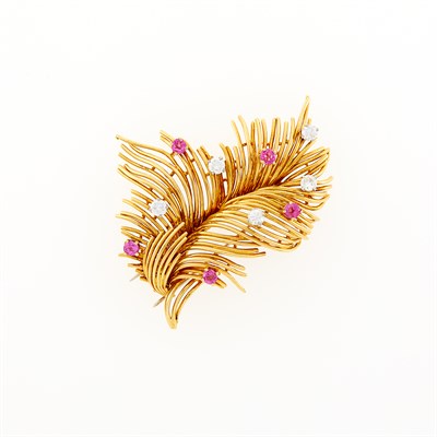 Lot 148 - Gold, Diamond and Ruby Leaf Clip-Brooch