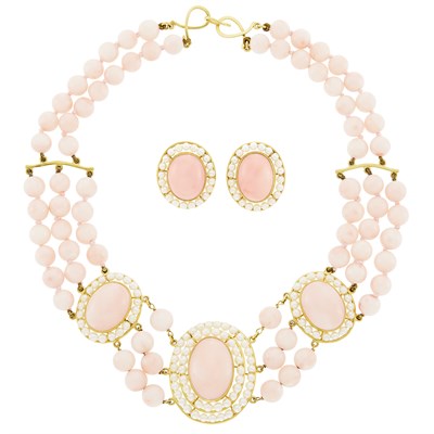 Lot 155 - Multistrand Angel Skin Coral Bead, Cultured Pearl and Gold Necklace and Pair of Earclips