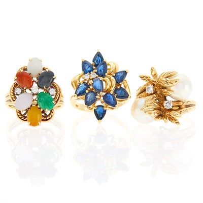 Lot 256 - Three Gold, Diamond and Gem-Set Rings