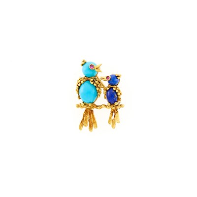 Lot 103 - Gold, Turquoise, Lapis and Ruby Pair of Birds Pin