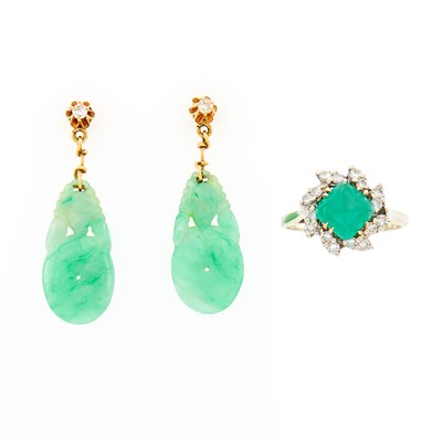 Lot 70 - Two-Color Gold, Emerald and Diamond Ring and Pair of Gold, Jade and Diamond Pendant-Earrings