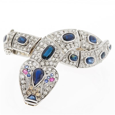 Lot 209 - Silver, Gold, Diamond and Sapphire Snake Bracelet