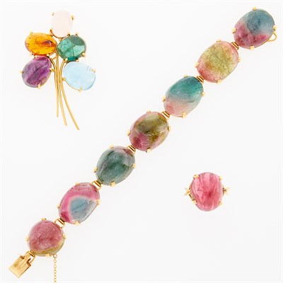 Lot 36 - Gold and Cabochon Multicolored Tourmaline Bracelet and Ring and Cabochon Multicolored Stone Brooch