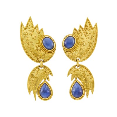 Lot 31 - Felix Luna Pair of Gold, High Karat Gold and Cabochon Sapphire Pendant-Earrings