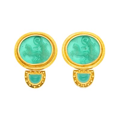 Lot 144 - Elizabeth Locke Pair of Gold, Venetian Green Glass Intaglio, Mother-of-Pearl and Green Onyx Earclips