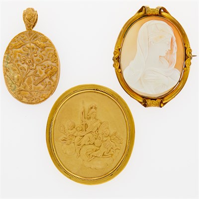 Lot 86 - Two Gold and Cameo Brooches and Stephen Dweck Lava Cameo Pendant