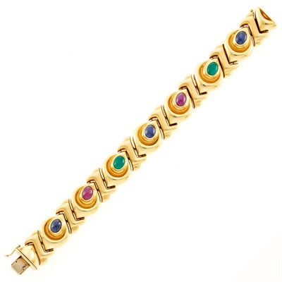 Lot 16 - Gold, Cabochon Ruby, Emerald and Sapphire Bracelet