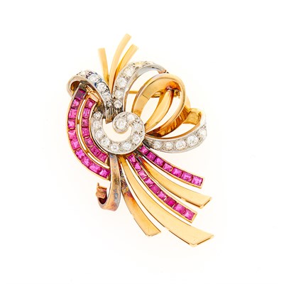 Lot 151 - Gold, Plainum, Ruby and Diamond Brooch