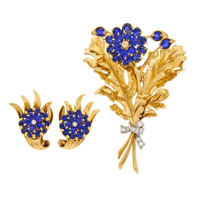 Lot 54 - Cartier Gold, Platinum, Sapphire and Diamond Clip and Pair of Earclips