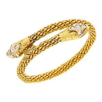 Lot 9 - Gold and Diamond Crossover Snake Bangle Bracelet