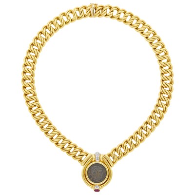 Lot 17 - Black, Starr & Frost Gold, Bronze Coin, Diamond and Cabochon Ruby Curb Link Necklace