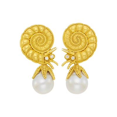 Lot 142 - Pair of High Karat Gold, Diamond and South Sea Cultured Pearl Crustacean Pendant-Earrings