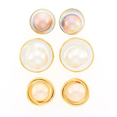 Lot 42 - Three Pairs of Gold, Mabé and Blister Pearl Earrings