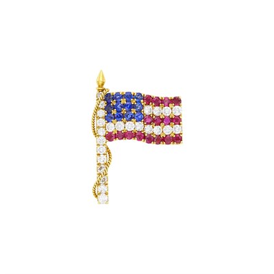 Lot 223 - Van Cleef & Arpels Gold, Ruby, Sapphire and Diamond American Flag Clip-Brooch