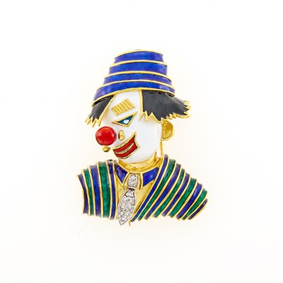Lot 53 - Gold, Enamel and Diamond Clown Clip-Brooch