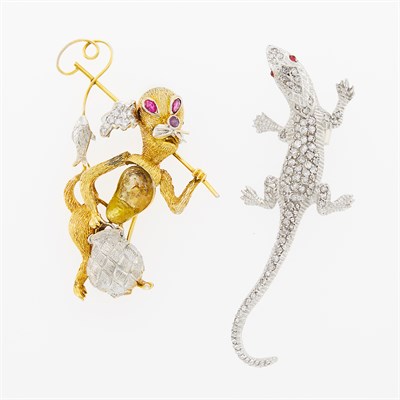 Lot 194 - Two-Color Gold and Diamond Fishing Cat Pin and White Gold and Diamond Salamander Pin