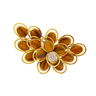 Lot 1010 - Gold, Tiger's Eye and Diamond Pendant-Brooch