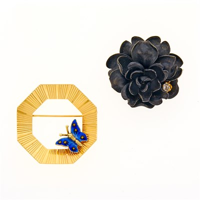 Lot 1138 - Gold and Enamel Butterfly Pin and Black Enamel and Antique Gold, Black Enamel and Diamond Flower Pendant-Pin