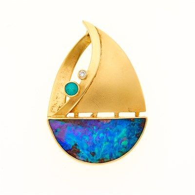 Lot 1034 - Gold, Opal, Emerald and Diamond Sailboat Pendant