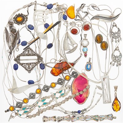 Lot 1277 - Group of Silver, Metal and Hardstone Jewelry