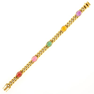 Lot 22 - Gold and Cabochon Colored Stone Curb Link Bracelet