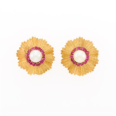 Lot 144 - Pair of Gold, Cultured Pearl and Ruby Earrings