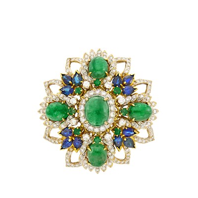 Lot 34 - Two-Color Gold, Cabochon Emerald, Sapphire and Diamond Pendant-Brooch