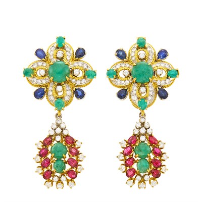 Lot 36 - Pair of Two-Color Gold, Cabochon Emerald, Sapphire, Ruby and Diamond Pendant-Earclips