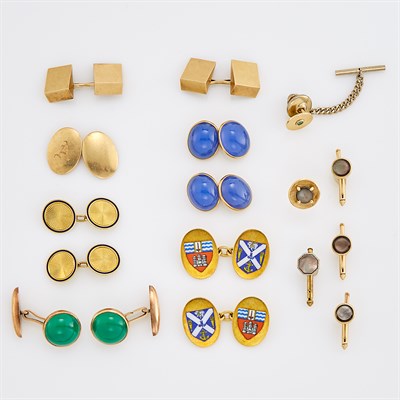 Lot 233 - Group of Gold, Low Karat Gold and Enamel Cufflinks, Studs and Tacs