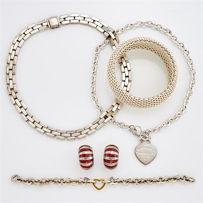 Lot 258 - Silver Necklace and Tiffany & Co. Silver Bangle Bracelet, Charm, Heart Bracelet and Pair of Enamel Earrings