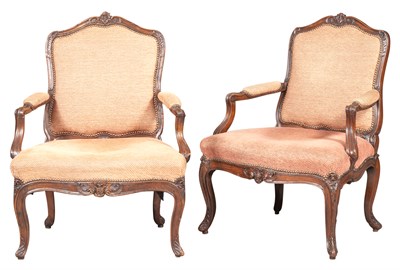 Lot 265 - Pair of Louis XV Upholstered Walnut Fauteuils...