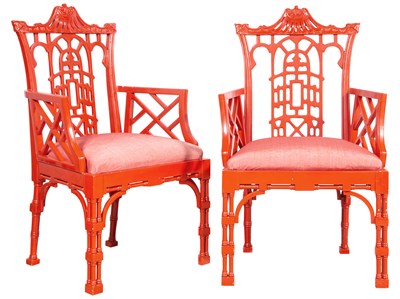 Lot 394 - Pair of Chinese Chippendale Style Painted Wood...