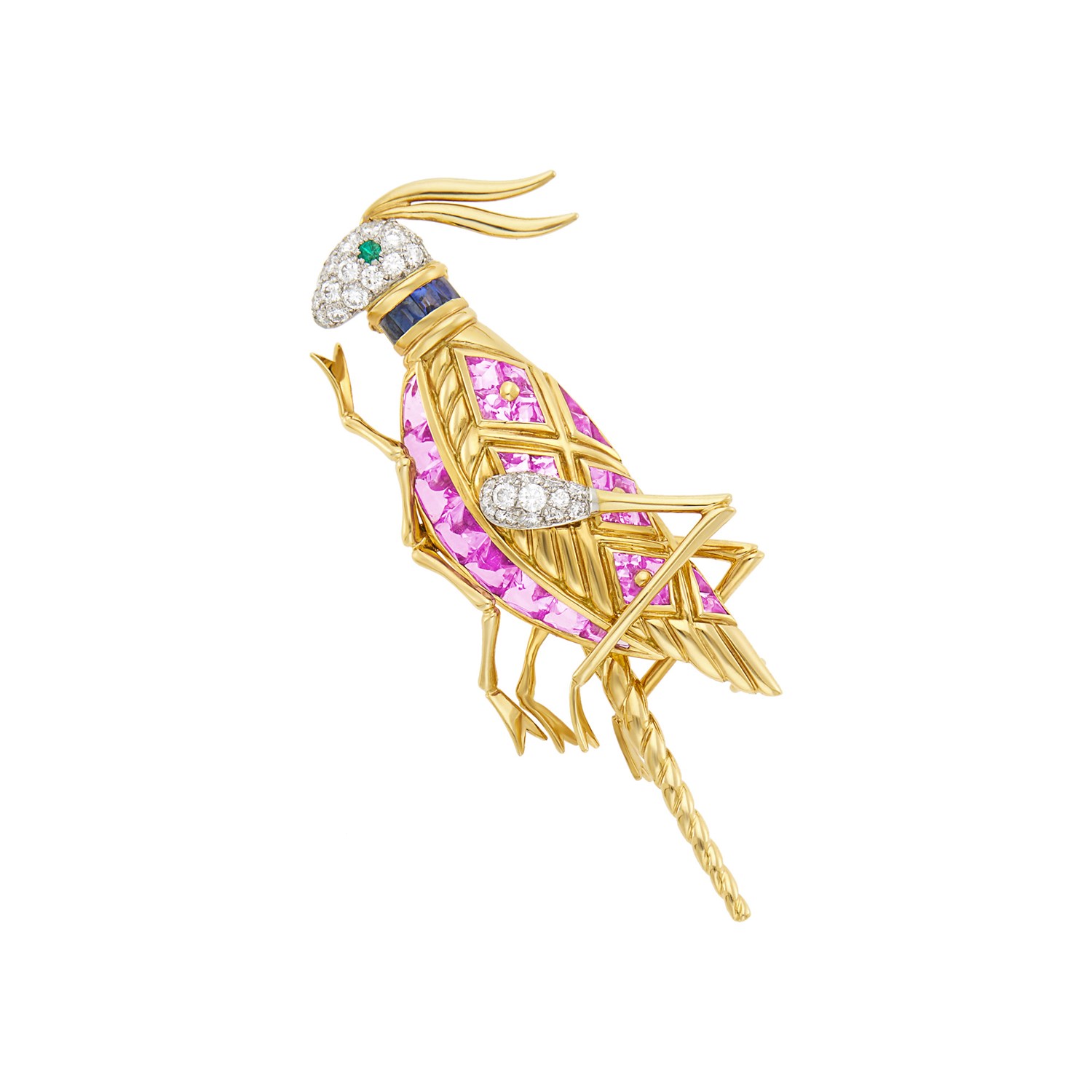 Lot 167 - Tiffany & Co., Schlumberger Gold, Platinum, Diamond and Multicolored Sapphire Cricket Brooch, France