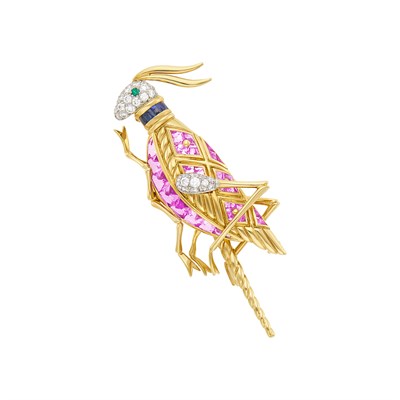 Lot 167 - Tiffany & Co., Schlumberger Gold, Platinum, Diamond and Multicolored Sapphire Cricket Brooch, France