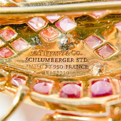 Lot 167 - Tiffany & Co., Schlumberger Gold, Platinum, Diamond and Multicolored Sapphire Cricket Brooch, France