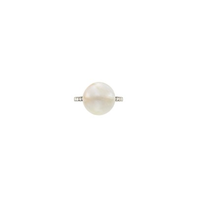 Lot 76 - Platinum, Natural Button Pearl and Diamond Ring