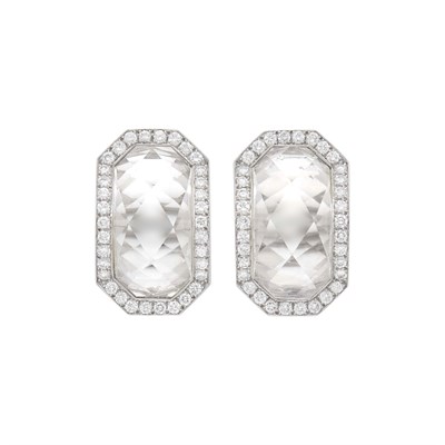 Lot 79 - David Webb Pair of Platinum, White Gold, Rock Crystal and Diamond Earclips