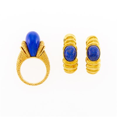 Lot 106 - Gold and Lapis Ring and R. Stone Pair of Gold and Lapis Hoop Earrings
