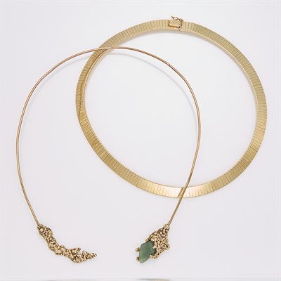 Lot 236 - Gold and Adventurine Quartz Torque Necklace and Gold Omega Necklace