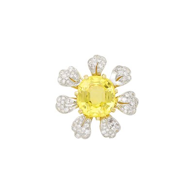 Lot 246 - Platinum, Gold, Yellow Sapphire and Diamond Flower Pendant
