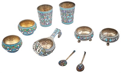 Lot 232 - Group of Seven Russian Silver and Cloisonné...