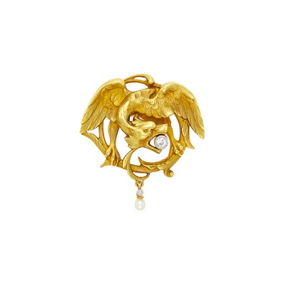 Lot 28 - Antique Gold, Platinum, Diamond and Pearl Dragon Pendant-Brooch, France