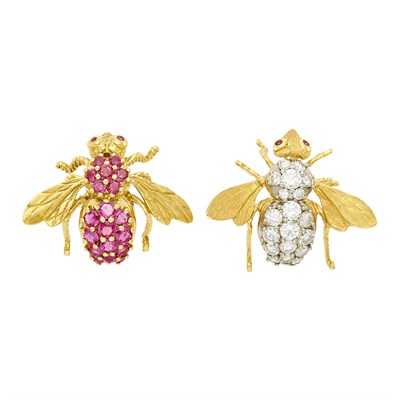 Lot 110 - Two-Color Gold and Diamond Bee Pin and Herb Rosenthal Gold and Ruby Bee Pin