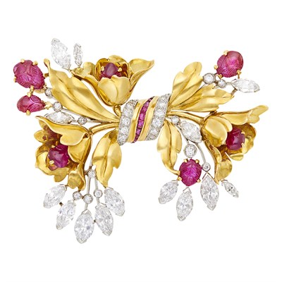 Lot 46 - Gold, Platinum, Diamond and Carved Ruby Floral Bow Brooch
