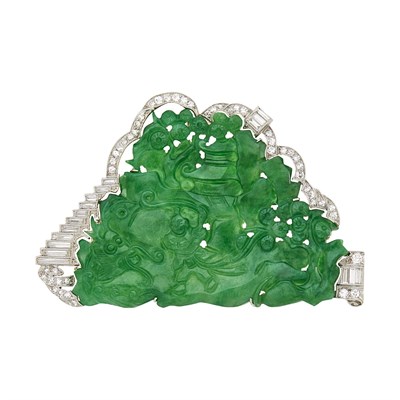 Lot 245 - Platinum, Carved Jade and Diamond Brooch