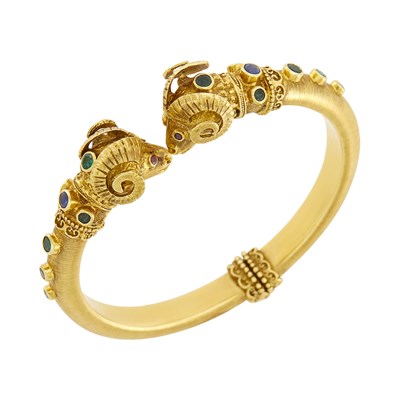 Lot 33 - Ilias Lalaounis Gold and Gem-Set Ram's Head Bangle Bracelet