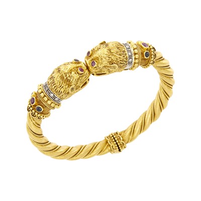 Lot 130 - Ilias Lalaounis Two-Color Gold, Gem-Set and Diamond Chimera Bangle Bracelet