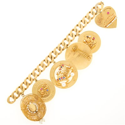 Lot 138 - Gold and Gem-Set Curb Link Charm Bracelet