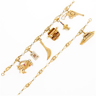 Lot 1228 - Two Gold, Enamel, Cultured Pearl and Gem-Set Charm Bracelets