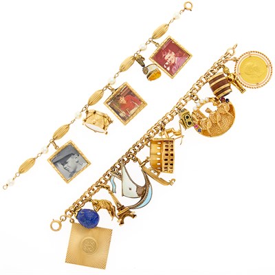 Lot 1145 - Two Gold, Enamel, Cultured Pearl and Gem-Set Charm Bracelets